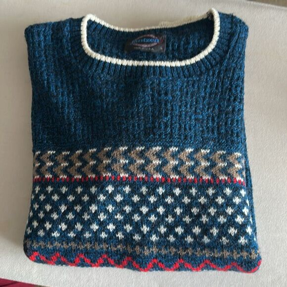 Vintage 80s Jantzen Wool Blend Fair Isle Nordic Sweater Blue Made in USA Size L - Picture 9 of 9